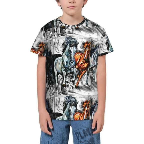 Wukai Four Running Horses Youth Unisex Short Sleeve T-Shirt for Boys, Girls, Teens, and Kids-X-Small