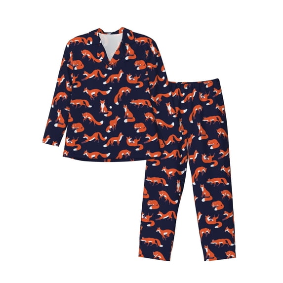 Wukai Foxes In Different Poses Men's Long-Sleeve Pajama Set - Comfortable Sleepwear with Button-Down Shirt and Pants-Large