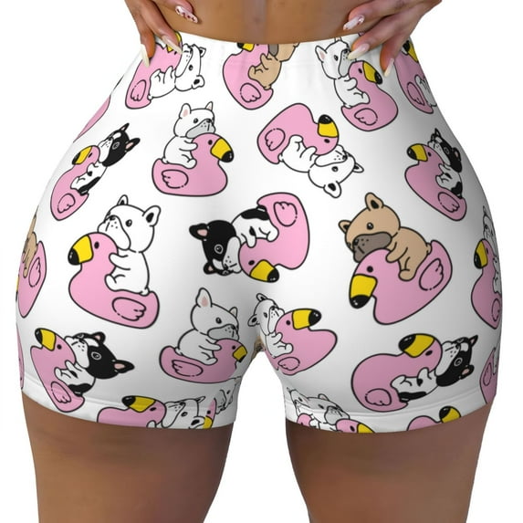 Wukai French Bulldog Duck Print Pack Biker Shorts for Women Yoga Workout Gym Running Scrunch Active Shorts-X-Large