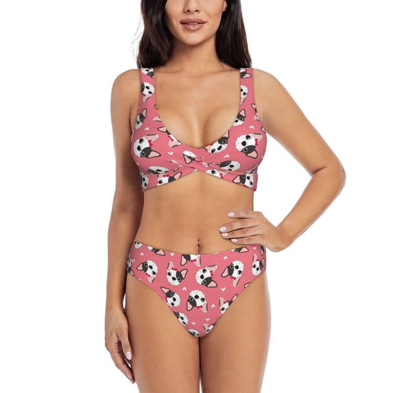 Wukai French Bulldog Face Women's Bikini Set Two Piece,wimsuit High Waisted V Neck Twist Front Adjustable Spaghetti Straps Bathing Suit-Large
