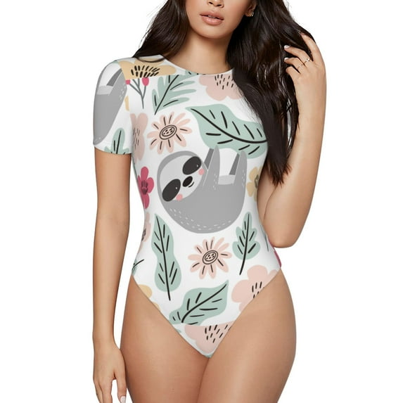 Naloa Cute Cartoon Sloth Women's Short-Sleeved Onesie, One-Piece Swimsuit for Parties, dates, clubs - Large