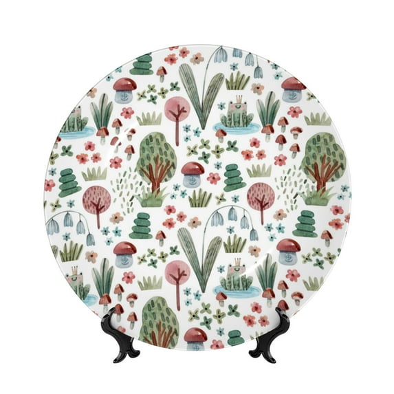 Wukai Frog and Forest Plants Print Decorative Plate for Display,Bone China Decorative Plate, Ceramic Dinner Plate with Stand, Vertical Ceramic Plate-7in