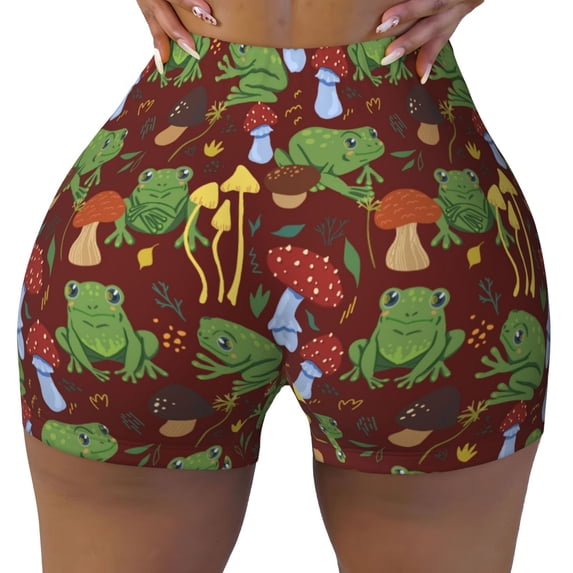 Wukai Frogs and Mushrooms Print Pack Biker Shorts for Women Yoga Workout Gym Running Scrunch Active Shorts-