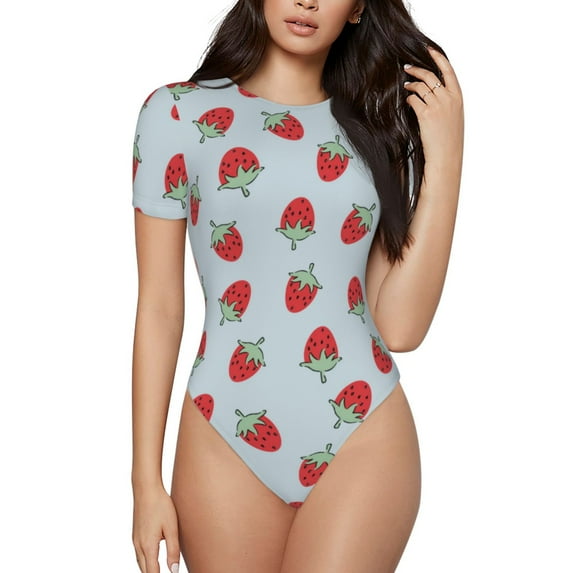 Naloa Hand Drawn Strawberry Women's Short-Sleeved Onesie, One-Piece Swimsuit for Parties, dates, clubs - X-Large