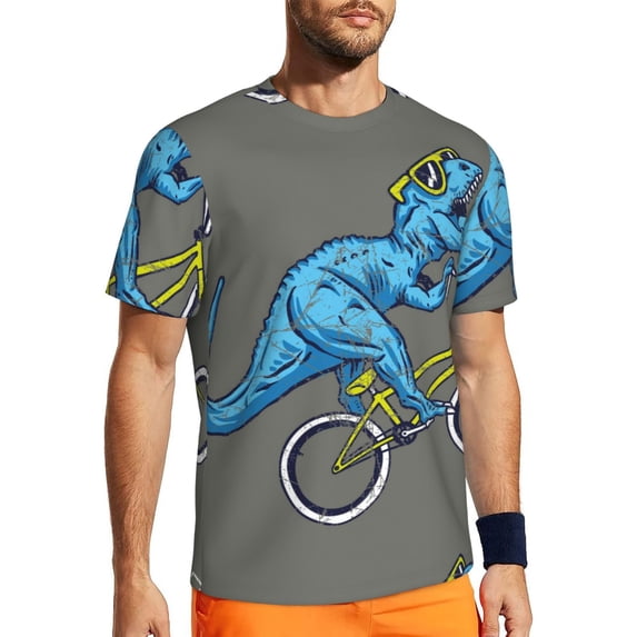 Wukai Fun Riding Dinosaur Print Men's Short-Sleeved Mesh T-Shirt,Quick-Dry Short Sleeve Workout T-Shirt-X-Small