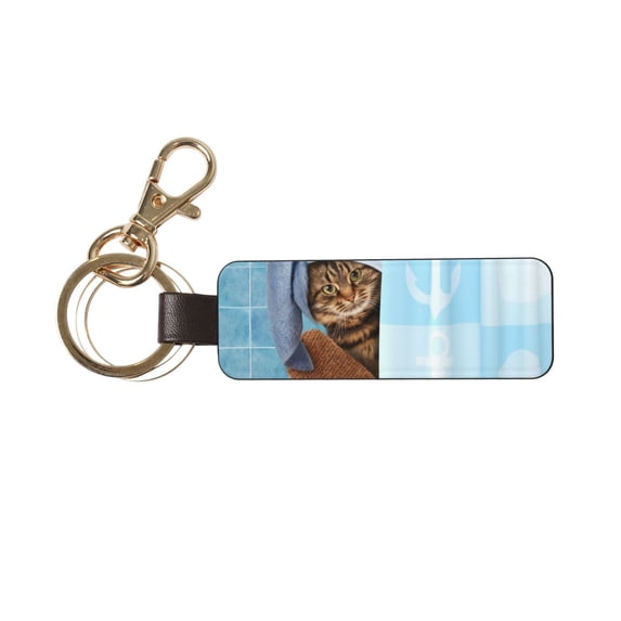 Wukai Funny Cat Taking a Bath Print Leather Car Keychain, Universal Key Fob Keychain, Leather Key Chain Holder for Men and Women,360 Degree Rotatable
