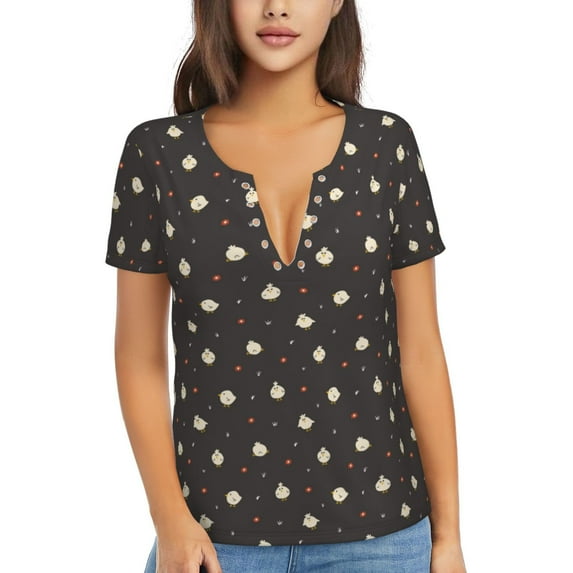 Wukai Funny Chicken Casual V-Neck Graphic Tees for Women: Lightweight and Breathable Summer Tops with Stylish Design-Small