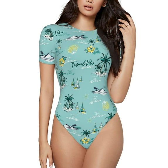 Naloa Hawaiian Style Women's Short-Sleeved Onesie, One-Piece Swimsuit for Parties, dates, clubs - Small