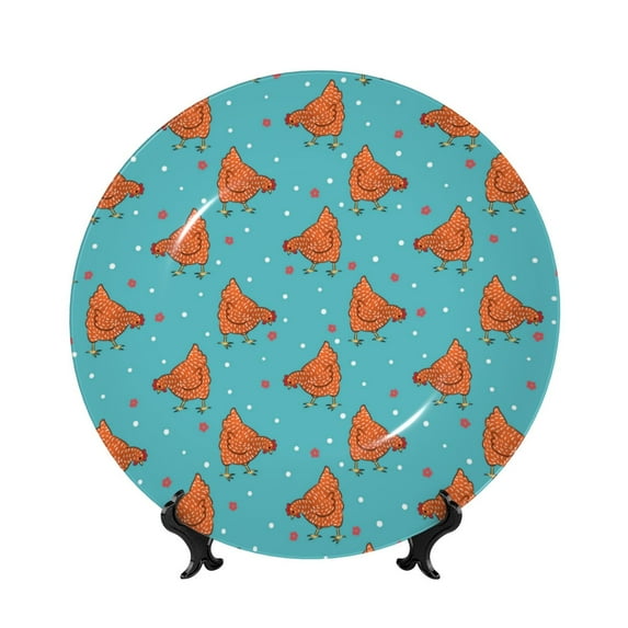 Wukai Funny Chicken Print Decorative Plate for Display,Bone China Decorative Plate, Ceramic Dinner Plate with Stand, Vertical Ceramic Plate-8in