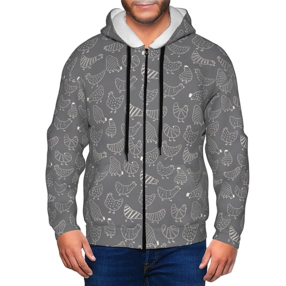 Wukai Funny Chicken Print Men's Zip-Up Hoodie,Fleece Full-Zip Hoodie for Men, Hooded Sweatshirt-Large