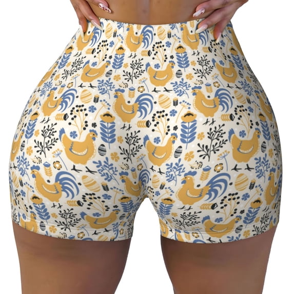 Wukai Funny Chicken Print Pack Biker Shorts for Women Yoga Workout Gym Running Scrunch Active Shorts-Large