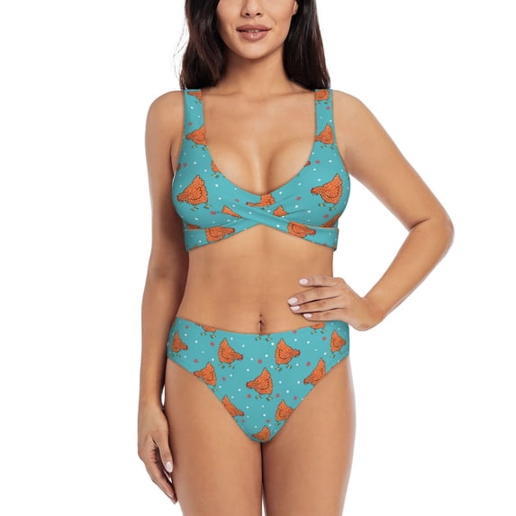 Wukai Funny Chicken Women's Bikini Set Two Piece,wimsuit High Waisted V Neck Twist Front Adjustable Spaghetti Straps Bathing Suit-Large