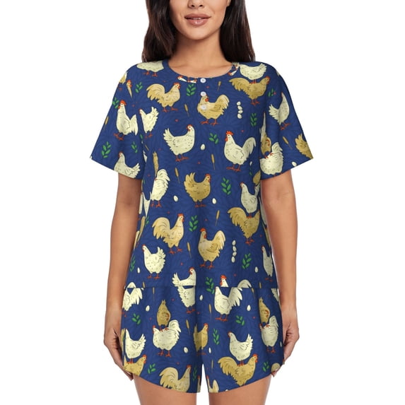 Wukai Funny Chicken Women's Pajama Set,Short-Sleeve Top and Shorts with Elastic Waistband and Pockets for Loungewear, Yoga, and Casual Wear-4X-Large