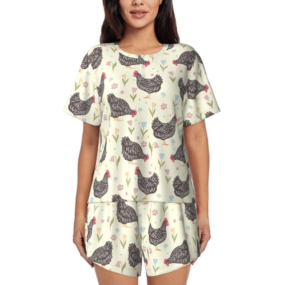 Wukai Funny Chicken Print Women's Pajama Set - Short-Sleeve Top and Shorts with Elastic Waistband and Pockets for Loungewear, Yoga, and Casual Wear-XX-Large