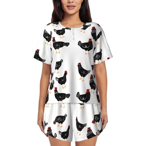 "Wukai Funny Chicken Women's Pajama Set - Short-Sleeve Top and Shorts with Elastic Waistband and Pockets for Loungewear, Yoga, and Casual Wear-Small