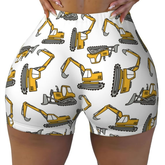 Wukai Funny Excavator Print Pack Biker Shorts for Women Yoga Workout Gym Running Scrunch Active Shorts-Medium