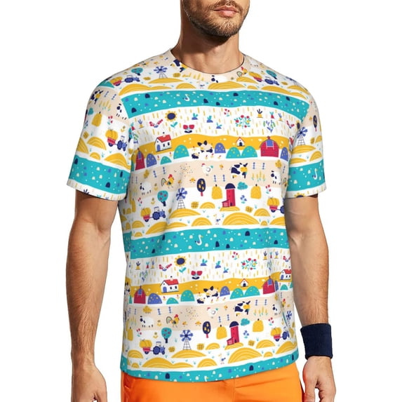 Wukai Funny Farm Print Men's Short-Sleeved Mesh T-Shirt,Quick-Dry Short Sleeve Workout T-Shirt-5X-Large