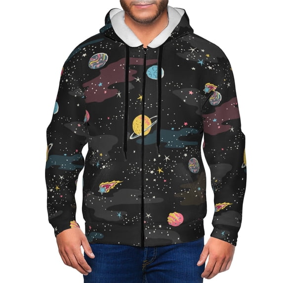 Wukai Galaxy Print Men's Zip-Up Hoodie,Fleece Full-Zip Hoodie for Men, Hooded Sweatshirt-Small