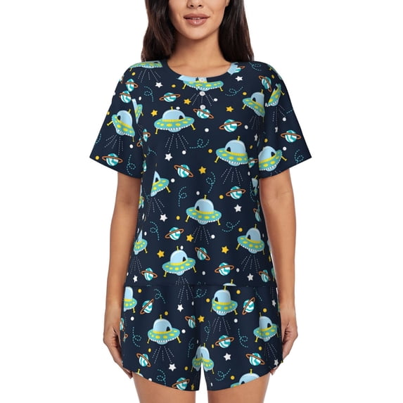 Wukai Galaxy With Ufo Print Women's Pajama Set - Short-Sleeve Top and Shorts with Elastic Waistband and Pockets for Loungewear, Yoga, and Casual Wear-Medium