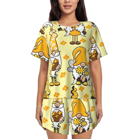 "Wukai Garden Honeybee Gnomes Women's Pajama Set - Short-Sleeve Top and Shorts with Elastic Waistband and Pockets for Loungewear, Yoga, and Casual Wear-4X-Large