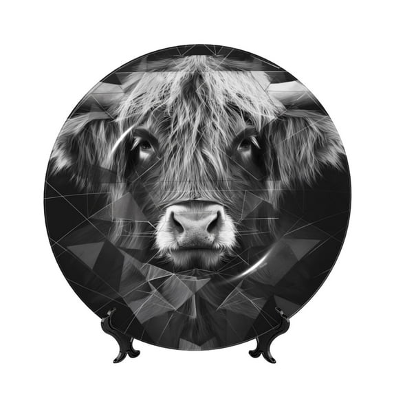 Wukai Geometric Bull Design Print Decorative Plate for Display,Bone China Decorative Plate, Ceramic Dinner Plate with Stand, Vertical Ceramic Plate-6in