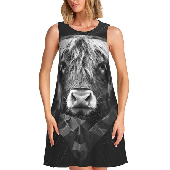 Wukai Geometric Bull Design Print Women's Sleeveless Dress, Loose Fit Casual Dress for Women, Comfortable Sleeveless Summer Dress