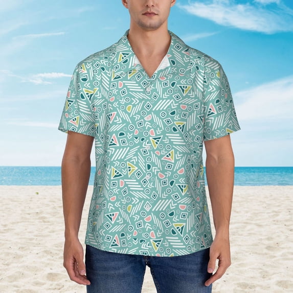 Wukai Geometric Elements Men's Hawaiian Shirt Short Sleeve Casual Button Down Summer Beach Aloha Shirt Tropical Print Holiday Party