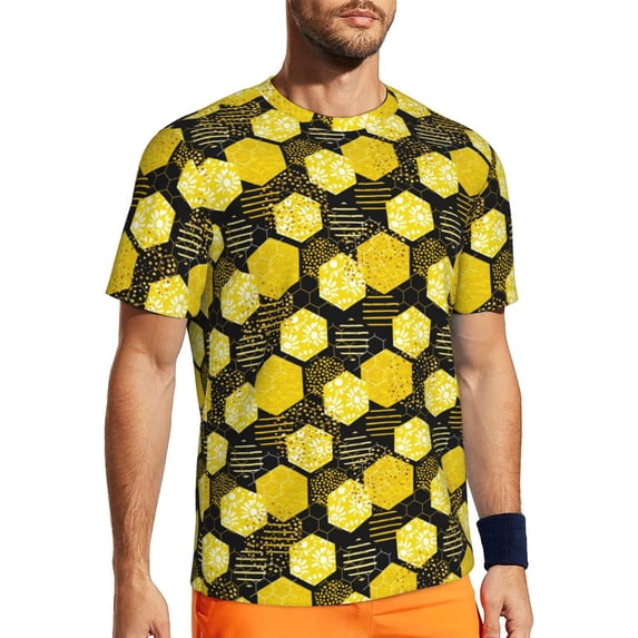 Wukai Geometric Pattern with Bee Print Men's Short-Sleeved Mesh T-Shirt,Quick-Dry Short Sleeve Workout T-Shirt-6X-Large