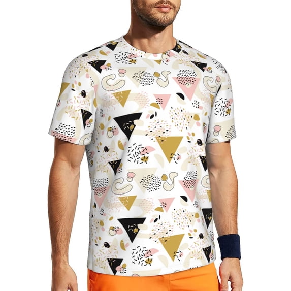 Wukai Geometric Triangle Print Men's Short-Sleeved Mesh T-Shirt,Quick-Dry Short Sleeve Workout T-Shirt-X-Small