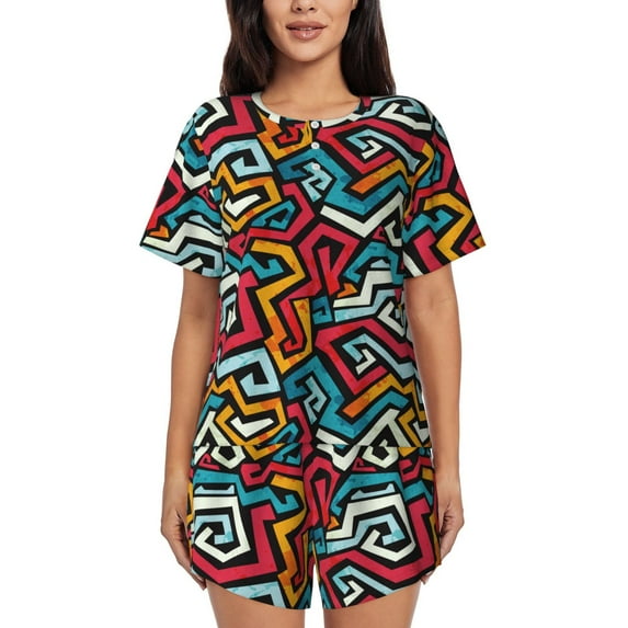 "Wukai Geometry Women's Pajama Set - Short-Sleeve Top and Shorts with Elastic Waistband and Pockets for Loungewear, Yoga, and Casual Wear-Medium