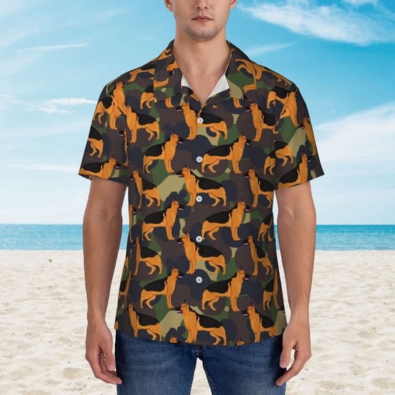 Wukai German Shepherd Dog Men's Hawaiian Shirt Short Sleeve Casual Button Down Summer Beach Aloha Shirt Tropical Print Holiday Party