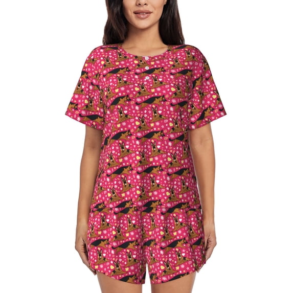 Wukai German Shepherd Dog Print Women's Pajama Set - Short-Sleeve Top and Shorts with Elastic Waistband and Pockets for Loungewear, Yoga, and Casual Wear-Medium