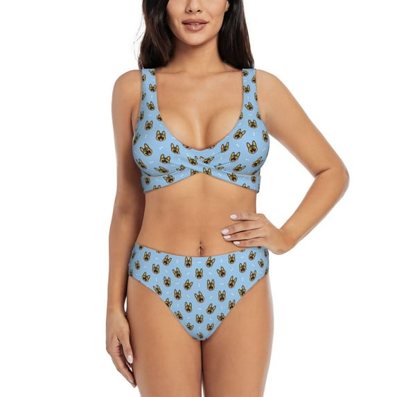 Wukai German Shepherd Puppy Women's Bikini Set Two Piece,wimsuit High Waisted V Neck Twist Front Adjustable Spaghetti Straps Bathing Suit-Small