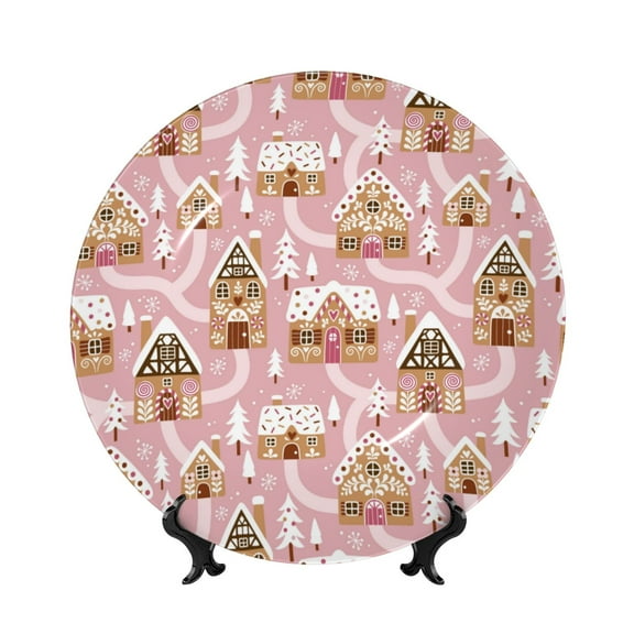 Wukai Gingerbread Houses Pink Wonderland Print Decorative Plate for Display,Bone China Decorative Plate, Ceramic Dinner Plate with Stand, Vertical Ceramic Plate-6in