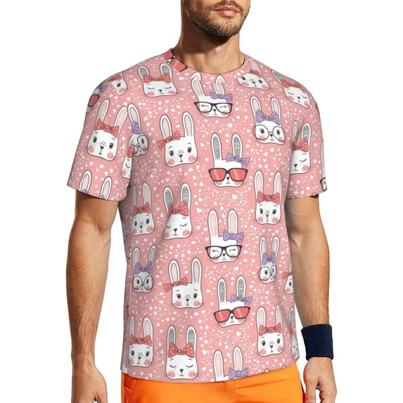 Wukai Girl Rabbit Print Men's Short-Sleeved Mesh T-Shirt,Quick-Dry Short Sleeve Workout T-Shirt-Large