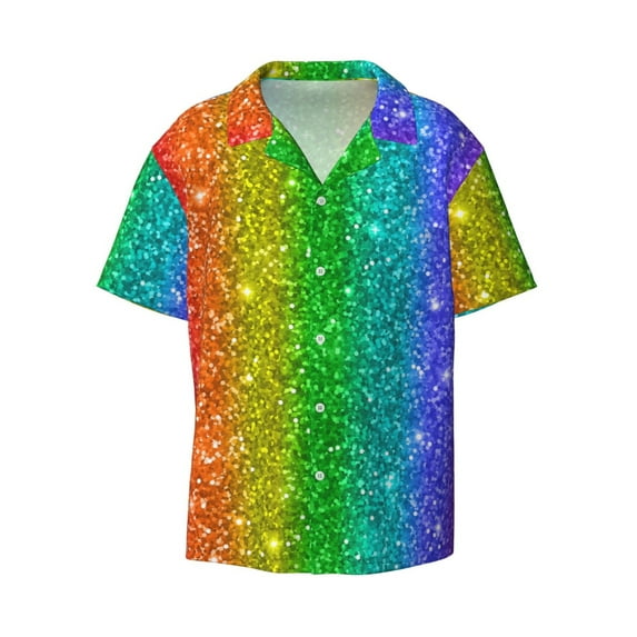 Wukai Glitter Rainbow Men's Casual Short-Sleeve Button Down Shirt - Lightweight Summer Dress Shirt for Daily Wear-Medium