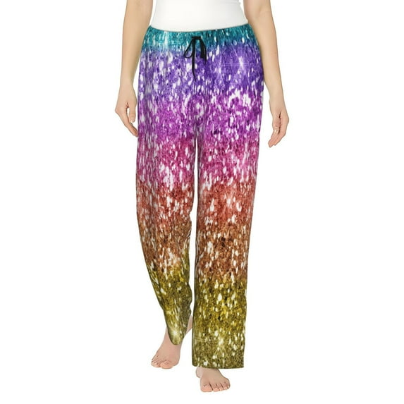 Wukai Glitter Rainbow Women Pajama Pants Comfy Stretch Drawstring Palazzo Wide Leg Lounge Pant Comfy Sleepwear Yoga Pants-X-Large