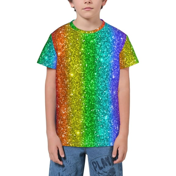 Wukai Glitter Rainbow Youth Unisex Short Sleeve T-Shirt for Boys, Girls, Teens, and Kids-X-Small
