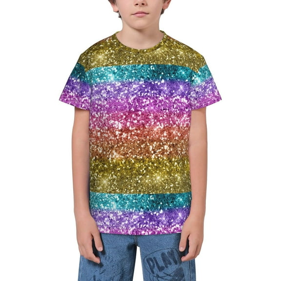 Wukai Glitter Rainbow Youth Unisex Short Sleeve T-Shirt for Boys, Girls, Teens, and Kids-X-Small
