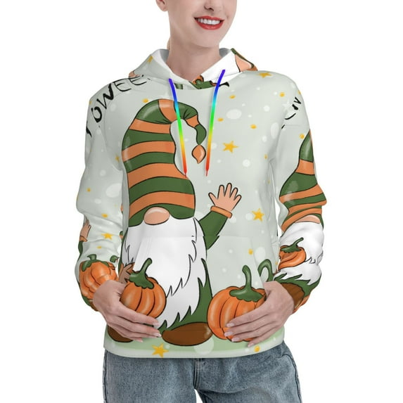 Wukai Gnome Holding A Pumpkin Print Womens Hoodies Fleece Sweatshirts Long Sleeve Sweaters Pullover Fall Outfits Winter Clothes-Large