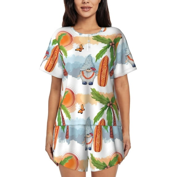 Wukai Gnome and Surfing Women's Pajama Set,Short-Sleeve Top and Shorts with Elastic Waistband and Pockets for Loungewear, Yoga, and Casual Wear-4X-Large