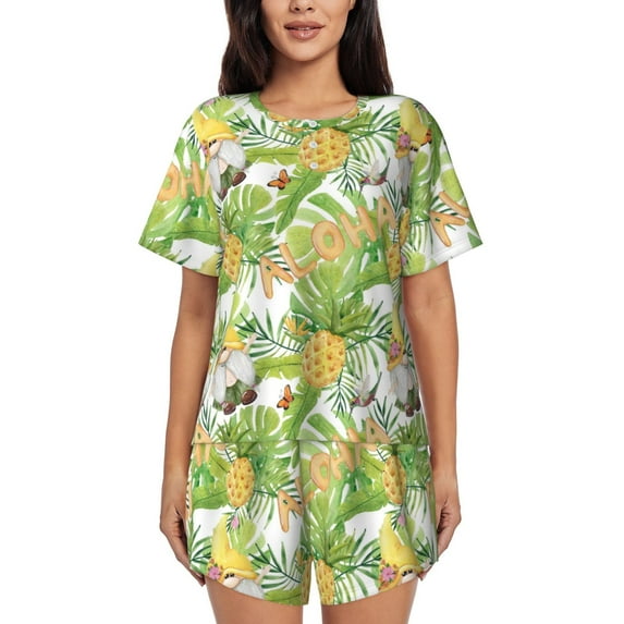 "Wukai Gnome and Pineapple Women's Pajama Set - Short-Sleeve Top and Shorts with Elastic Waistband and Pockets for Loungewear, Yoga, and Casual Wear-