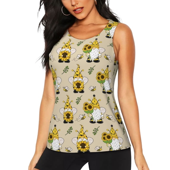 Wukai Gnomes Bees And Sunflowers Print Women's Workout Tank Top Mesh Yoga Shirts Athletic Running Tank Tops Athletic Gym Shirts - XX-Large