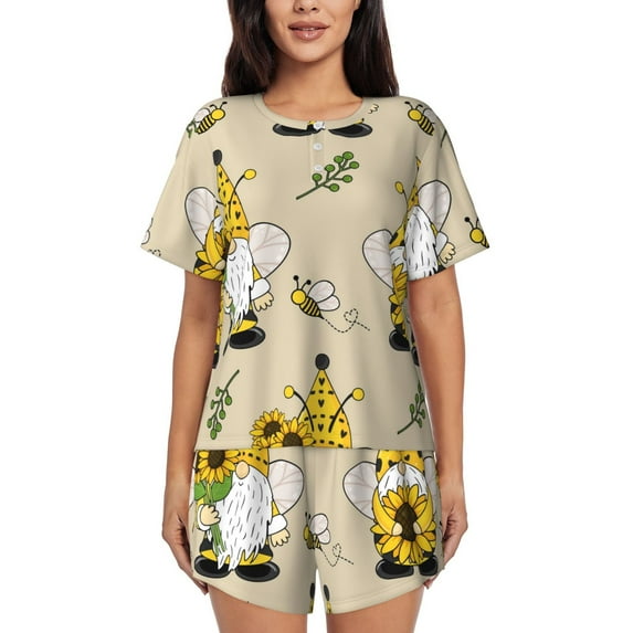 "Wukai Gnomes Bees And Sunflowers Women's Pajama Set - Short-Sleeve Top and Shorts with Elastic Waistband and Pockets for Loungewear, Yoga, and Casual Wear-4X-Large