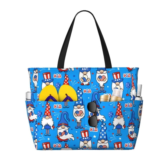 Wukai Gnomes in USA Print Zipper Bag,large Beach Tote Bag,Waterproof Sandproof Bag,Grocery and Picnic Tote Travel Bag