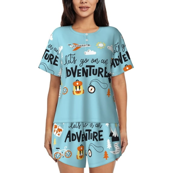 Wukai Let's Go on an Adventure Women's Pajama Set,Short-Sleeve Top and Shorts with Elastic Waistband and Pockets for Loungewear, Yoga, and Casual Wear-XX-Large