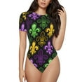 thumbnail image 1 of Naloa Mardi Gras1 Women's Short-Sleeved Onesie, One-Piece Swimsuit for Parties, dates, clubs - Small, 1 of 9