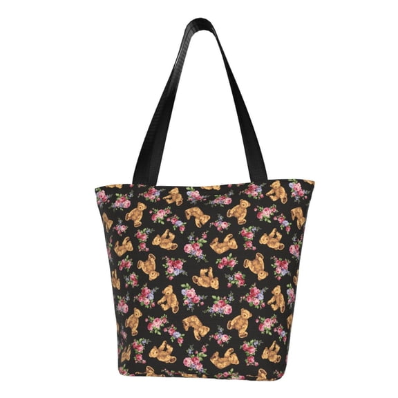 Vsdgher Rose Flower Bear print Reusable Shopping Grocery Bags for Women Shopping with Pouch Foldable Pouch Lightweight Polyester Fabric