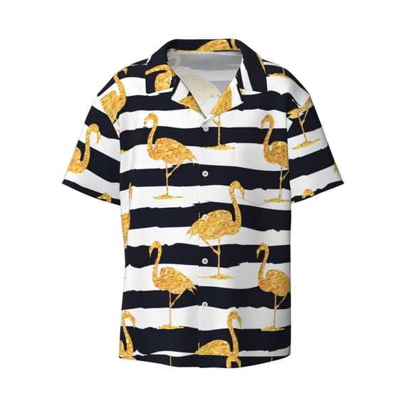 Wukai Gold Flamingo Men's Casual Short-Sleeve Button Down Shirt - Lightweight Summer Dress Shirt for Daily Wear-XX-Large