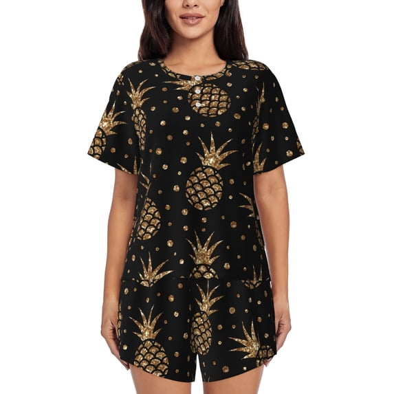 Wukai Gold Glitter Pineapples Women's Pajama Set,Short-Sleeve Top and Shorts with Elastic Waistband and Pockets for Loungewear, Yoga, and Casual Wear-XX-Large